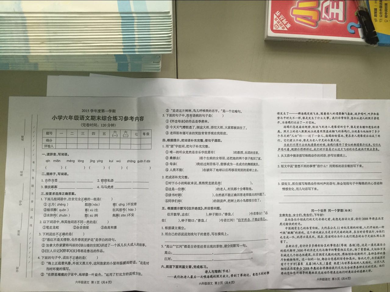 2015~2016学年第一学期海珠区小学六年级语