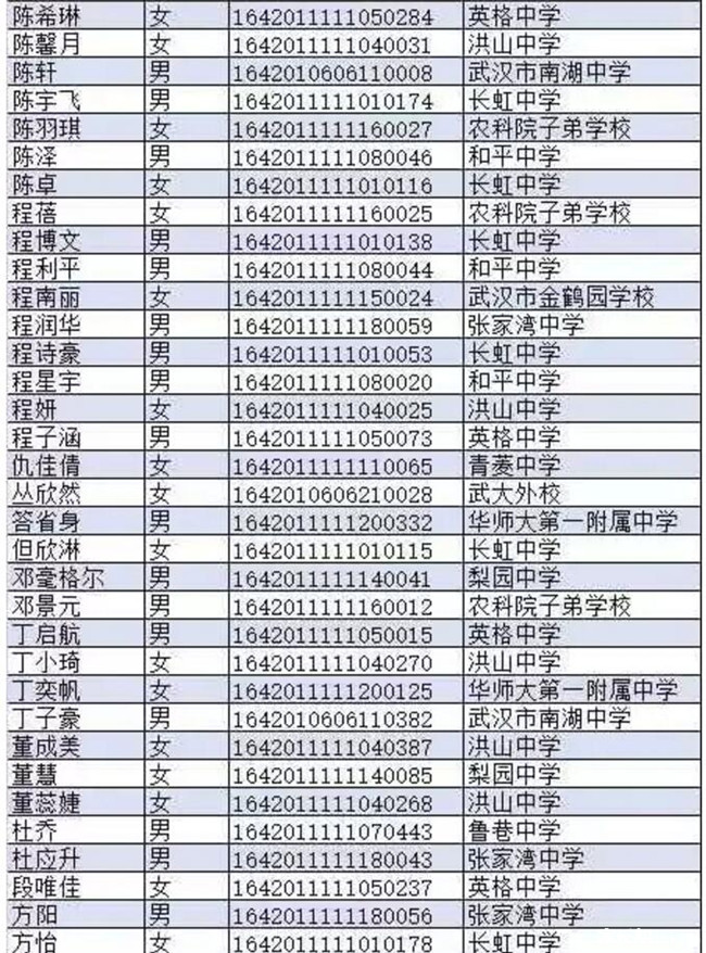 2016年武汉长虹中学新高一录取学生名单_武汉